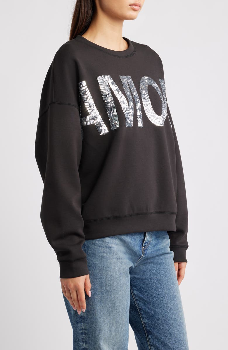 ICHI Ihkelicia Amor Sequin Appliqué Sweatshirt, Alternate, color, Black