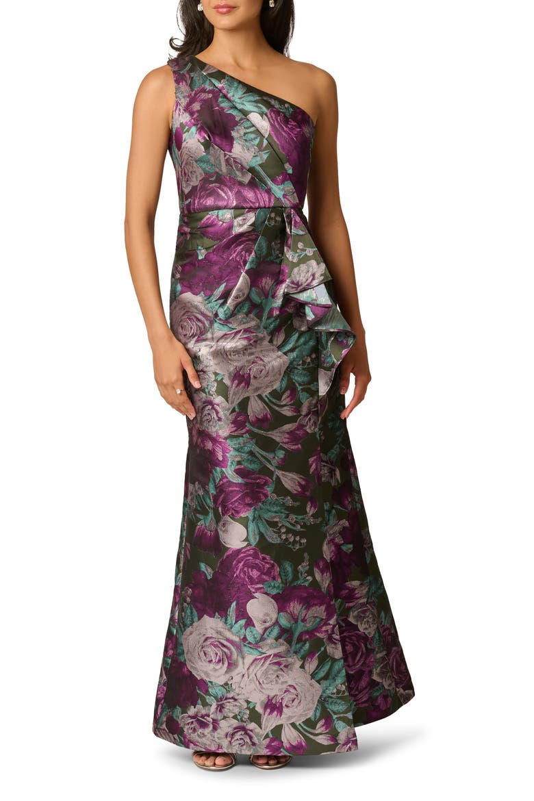 One-Shoulder Floral Jacquard Gown, Alternate, color, GREEN MULTI