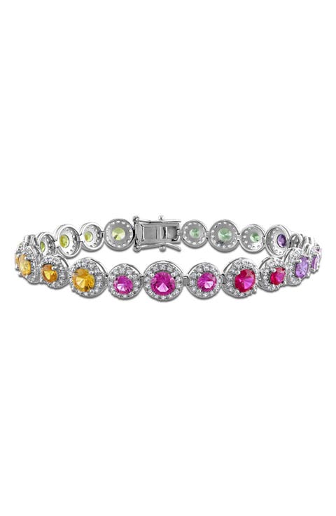 Multi-Gemstone Halo Tennis Bracelet