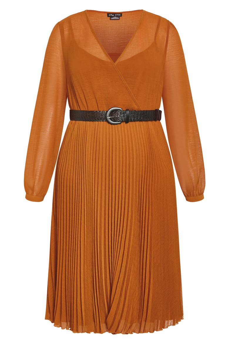 Emberly Pleated Long Sleeve Belted Midi Dress, Alternate, color, TOFFEE