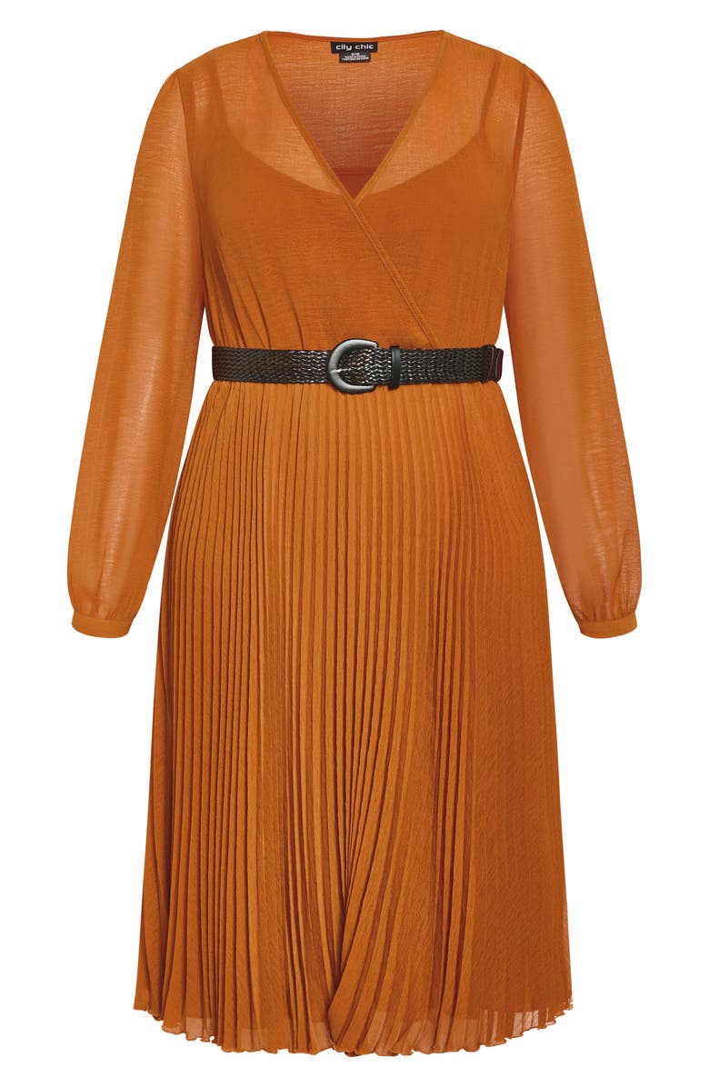 City Chic Emberly Pleated Long Sleeve Belted Midi Dress, Alternate, color, Toffee