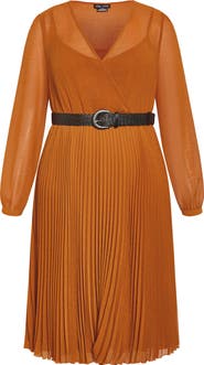 City Chic Emberly Pleated Long Sleeve Belted Midi Dress