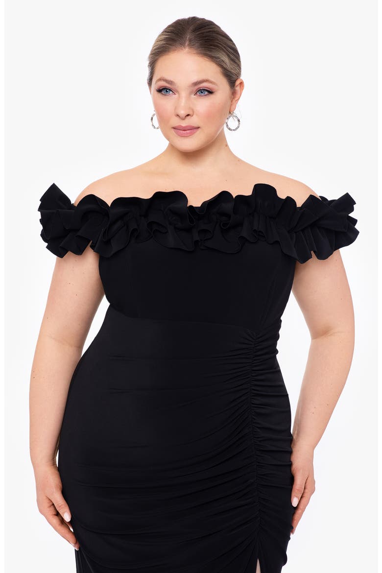 Ruffle Off the Shoulder Gown, Alternate, color, BLACK