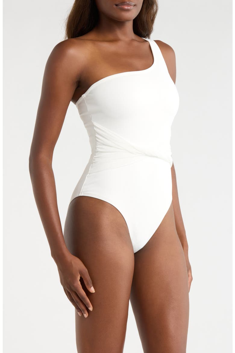 Floral Twist Front One-Shoulder One-Piece Swimsuit, Alternate, color, SOLID WHITE