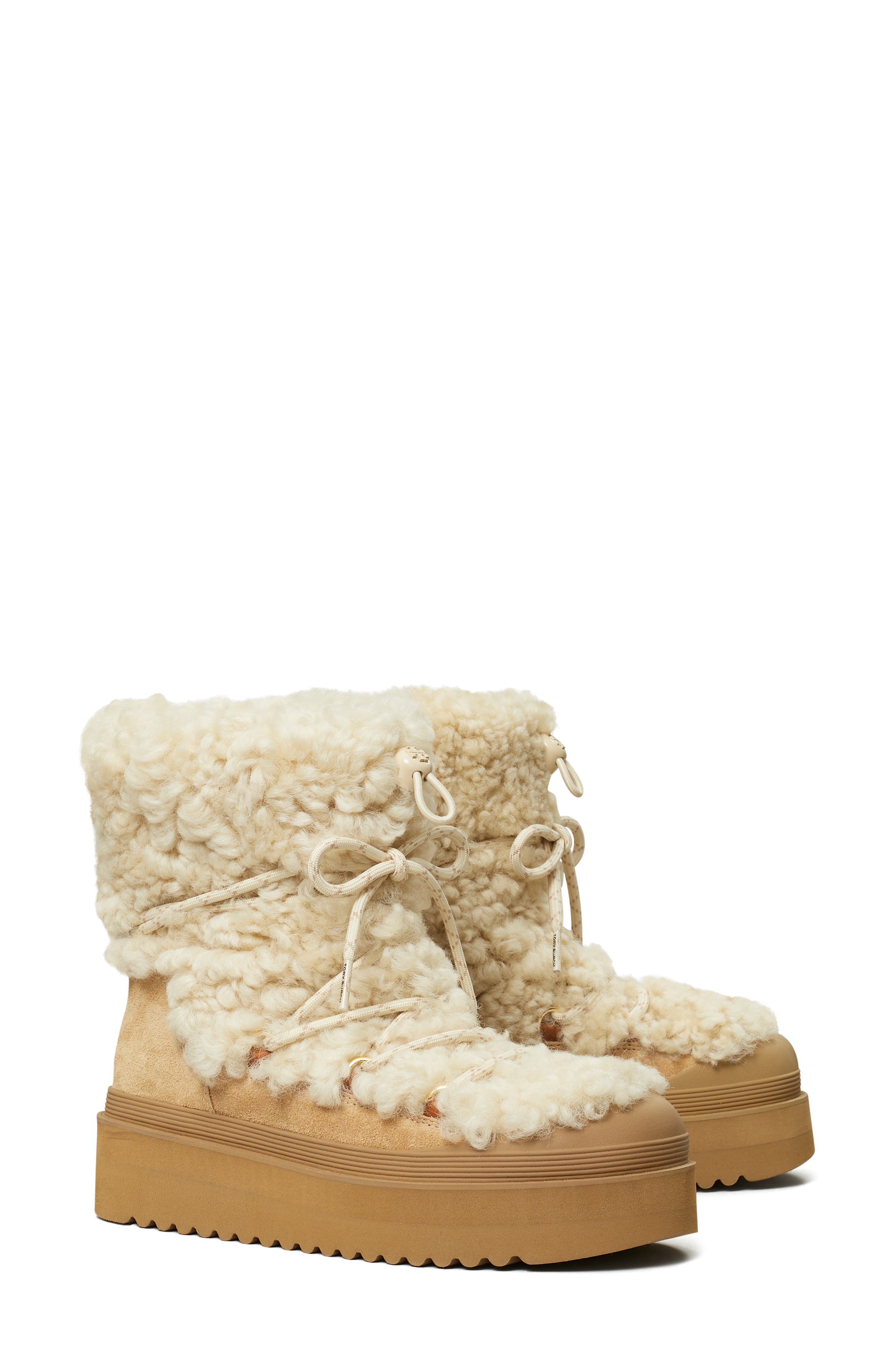 Tory Burch Mellow Genuine Shearling Platform Bootie, Main, color, Buttermilk / Light Chestnut