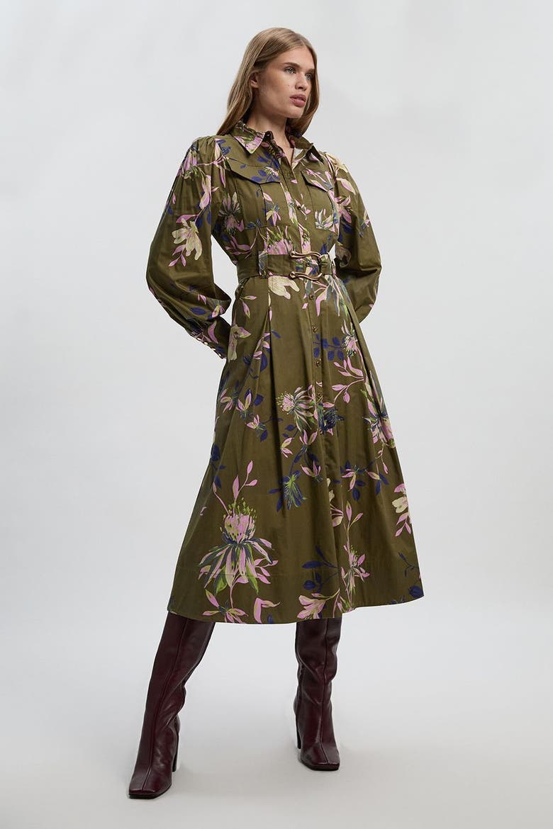 Floral Cotton Sateen Midi Shirt Dress, Main, color, Khaki