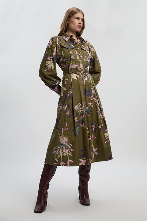 Floral Cotton Sateen Midi Shirt Dress
