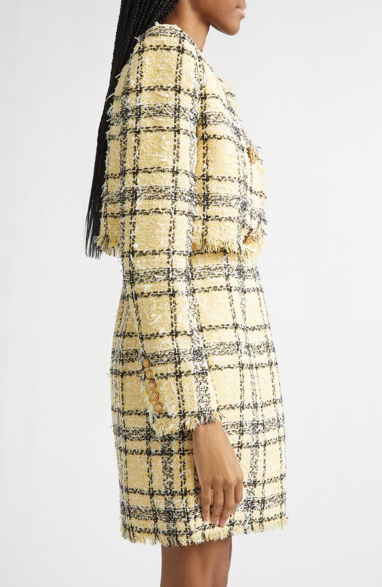 Balmain Glitter Plaid Tweed Crop Jacket, Alternate, color, Multi Yellow