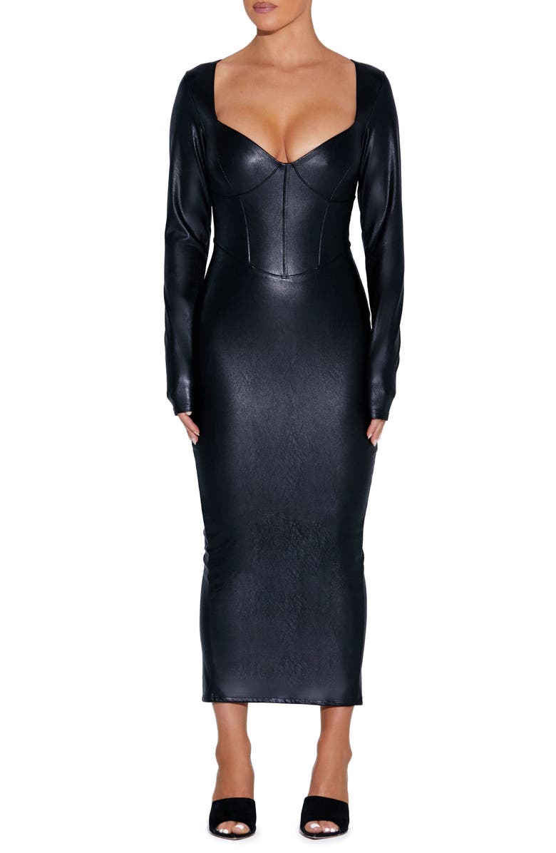 Naked Wardrobe Down to the Corset Long Sleeve Faux Leather Dress, Main, color, 