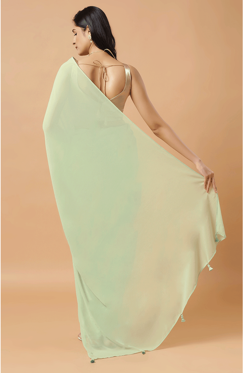 One Minute Saree<sup>®</sup> Pari Key Lime Green Pre-Draped Georgette Saree, Alternate, color,