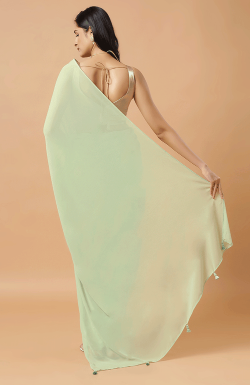 One Minute Saree® Pari Key Lime Green Pre-draped Georgette Saree In Green