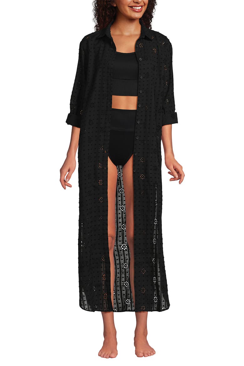 Eyelet Button Down Maxi Cover-up Dress, Alternate, color, Black