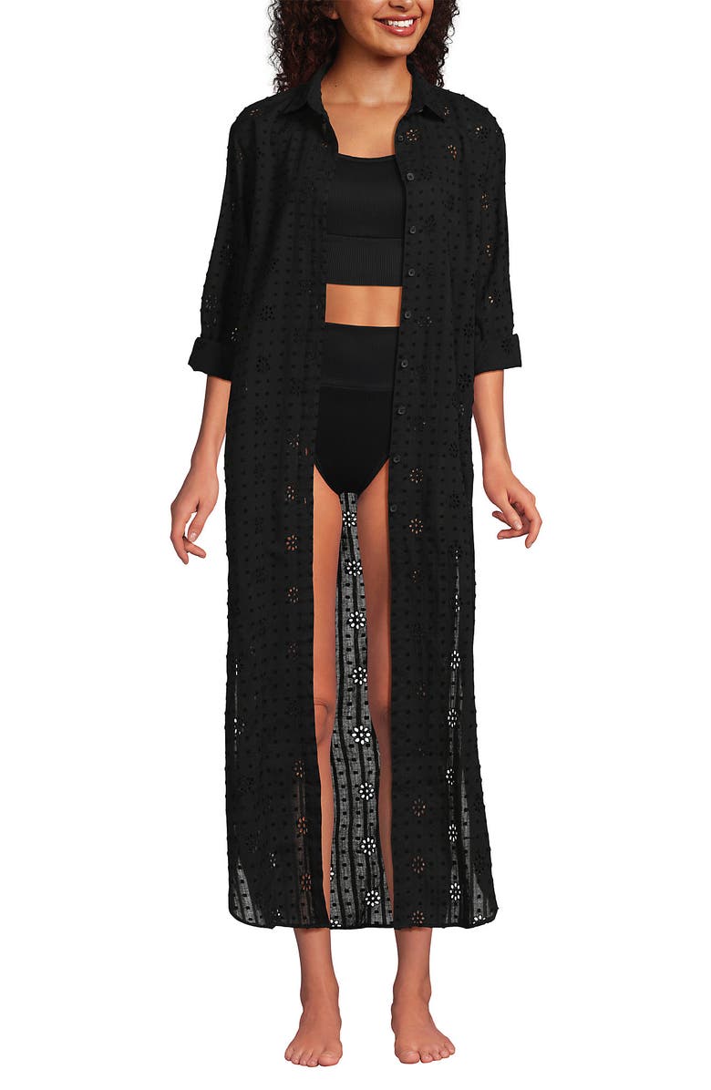 Lands' End Eyelet Button Down Maxi Cover-up Dress, Alternate, color, Black