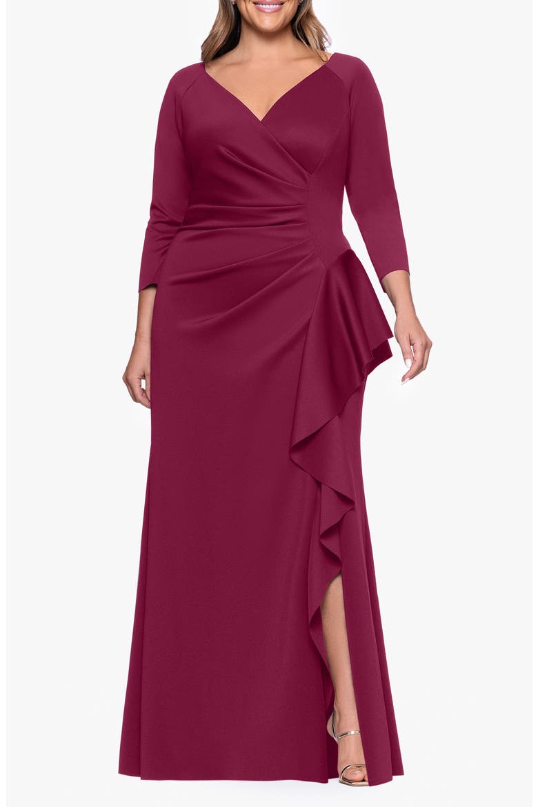 Ruched Scuba Knit Ruffle Gown, Main, color, WINE