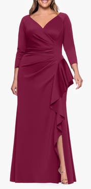 Xscape Evenings Ruched Scuba Knit Ruffle Gown
