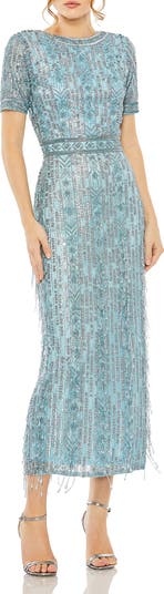 【Mac Duggal】ハイネック半袖クリスタルフリンジコラムドレス Mac Duggal High Neck Short Sleeve Crystal Fringe Column