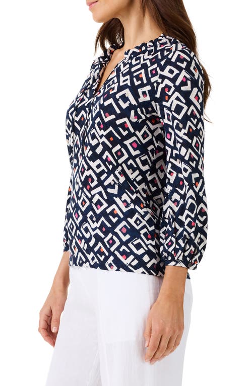 Nic + Zoe Nic+zoe Indigo Angles Split Neck Linen Blend Top In Indigo Multi