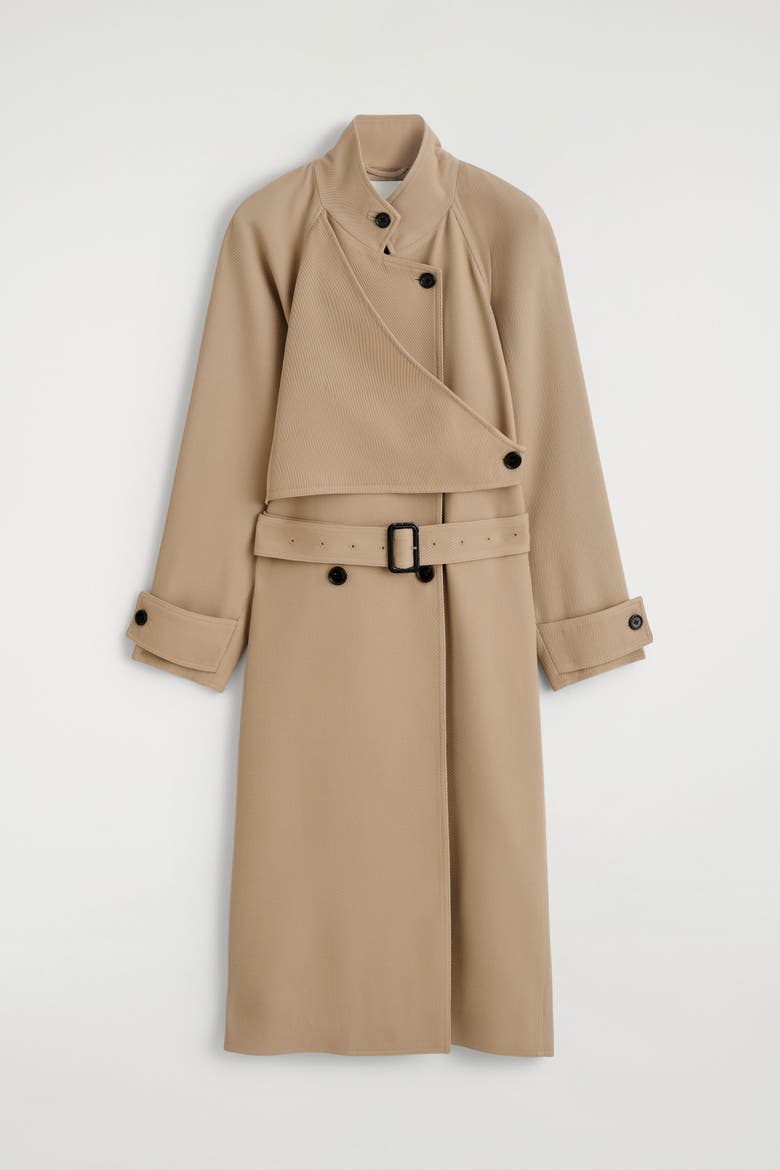 Wrap-Over Wool-Twill Trench Coat, Alternate, color, BEIGE