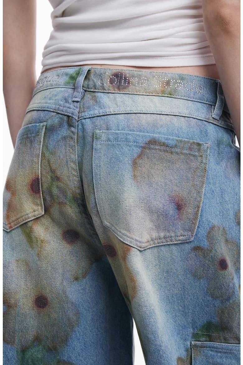 Flower Print Cargo Jeans, Alternate, color, LIGHT BLUE