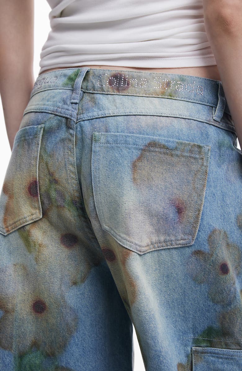Desigual Flower Print Cargo Jeans, Alternate, color, Light Blue