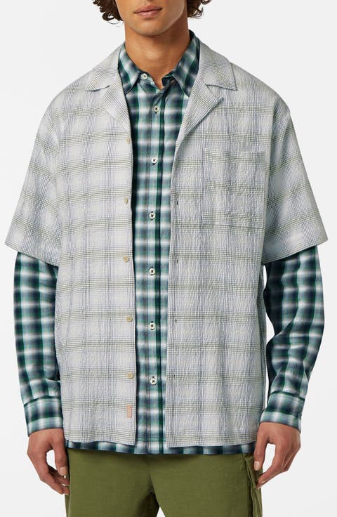 Relaxed Fit Crinkle Plaid Stretch Cotton Camp Shirt