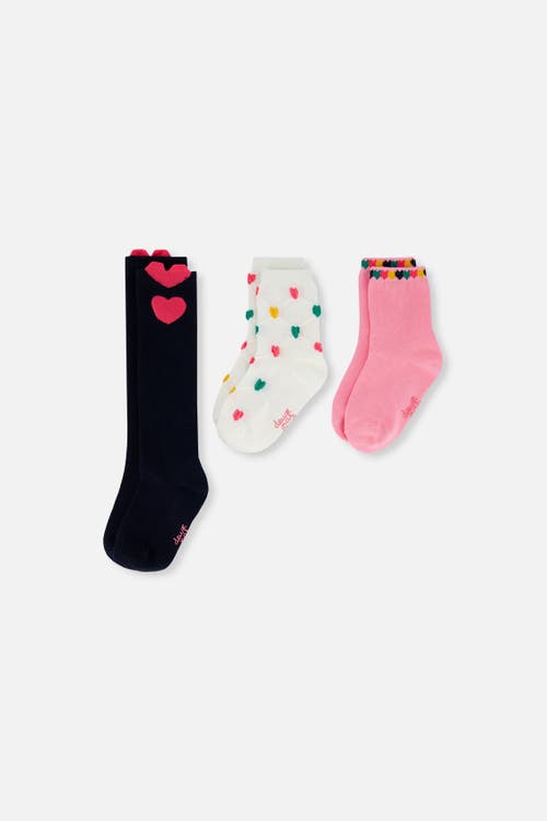 Deux par Deux Three Pair Heart Ribbed Cuff Stretch Socks in Dark Blue/pink And Beige at Nordstrom, Size 7