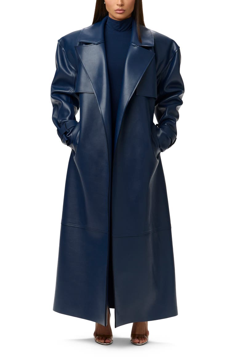 Faux Leather Trench Coat, Alternate, color, NAVY BLUE