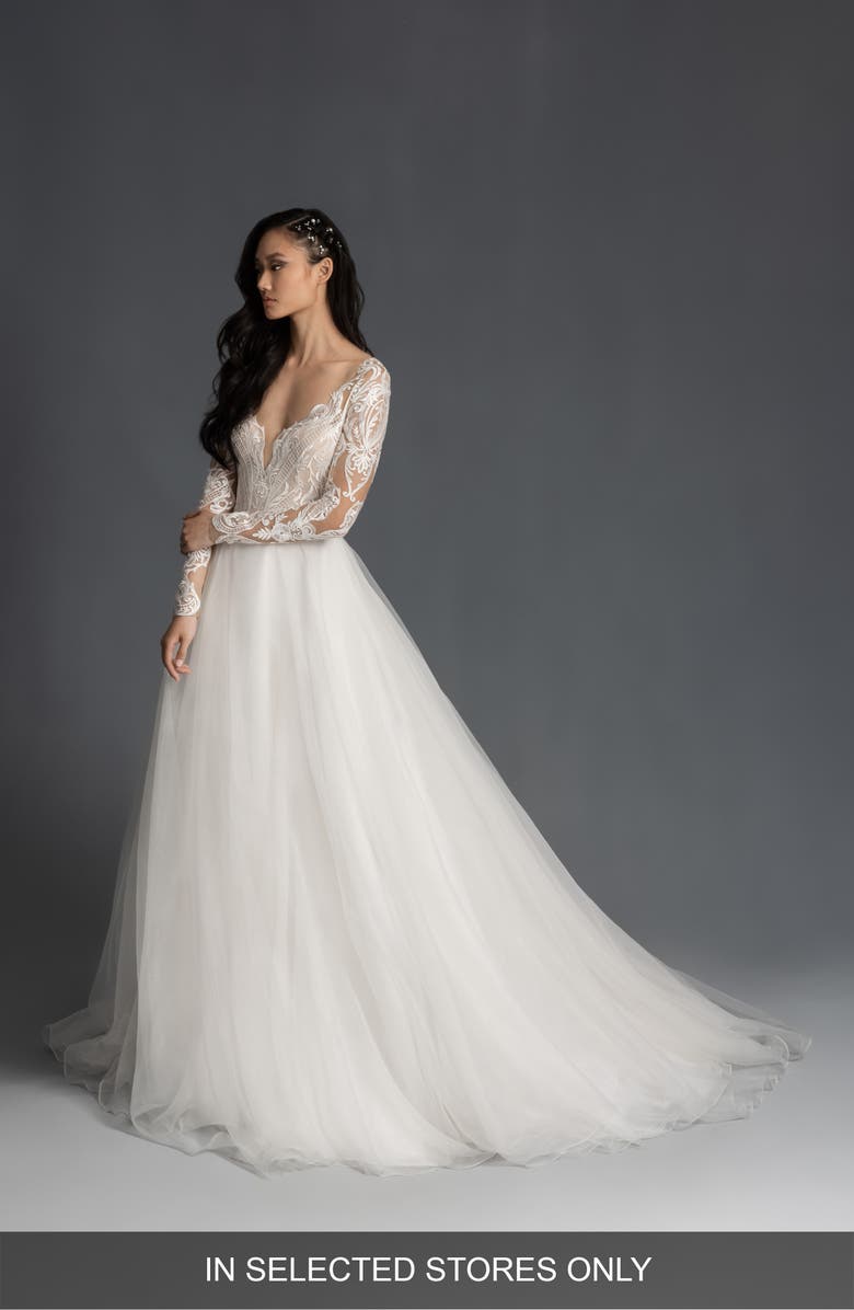 Hayley Paige Mulan Embroidered Tulle Long Sleeve Wedding Dress, Main, color,