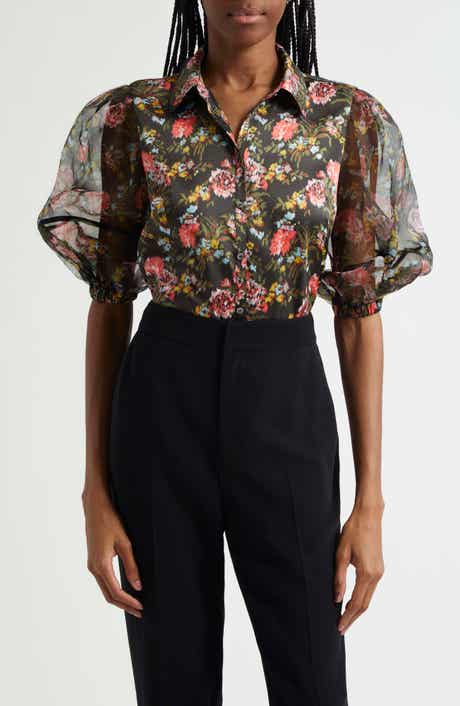 Impressionist Floral Puff Sleeve Button-Up Shirt