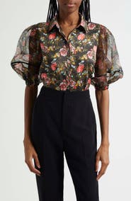 Cinq à Sept Impressionist Floral Puff Sleeve Button-Up Shirt