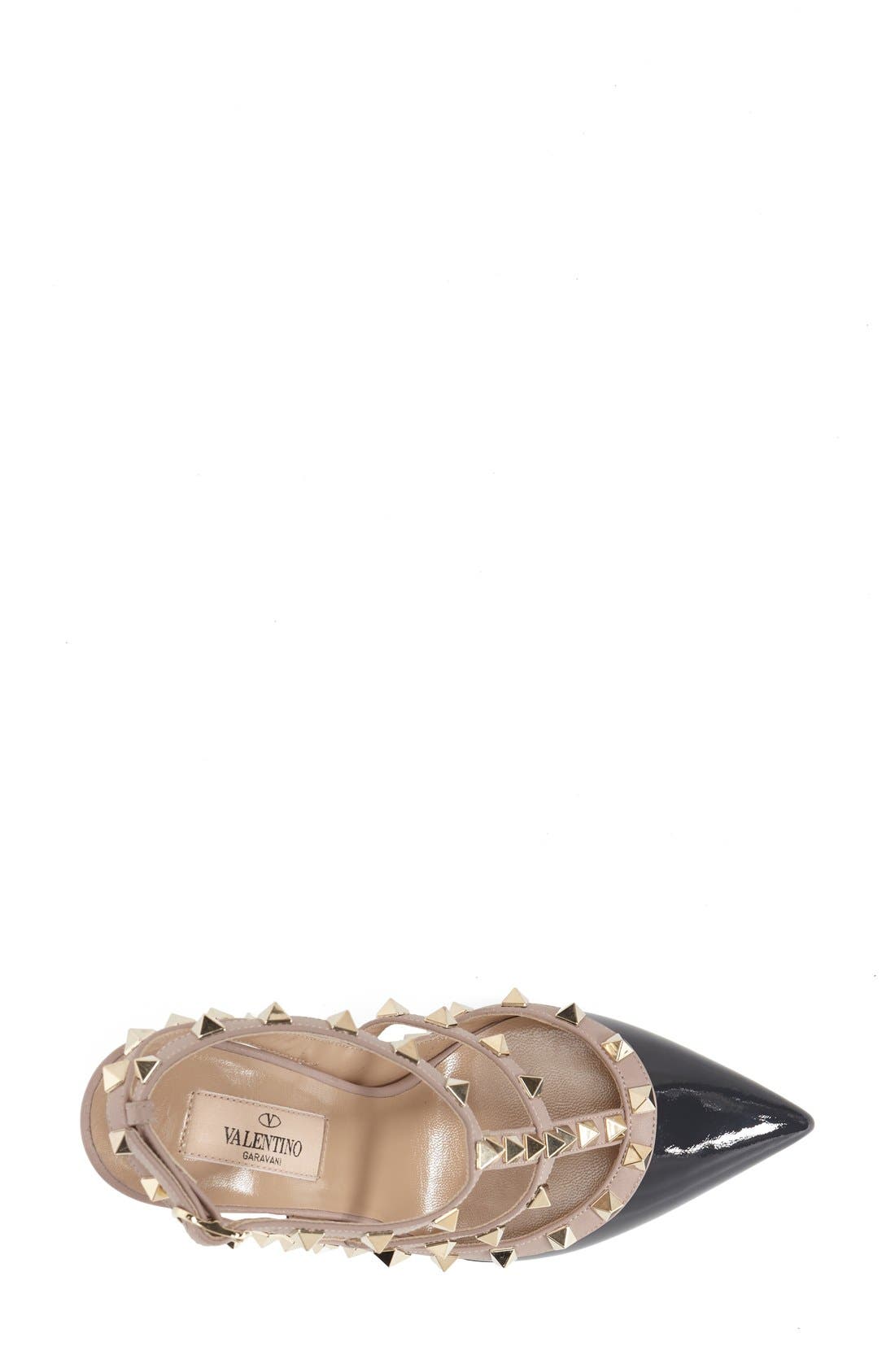 Rockstud Pointed Toe T-Strap Pump, Alternate, color, DARK GREY PATENT