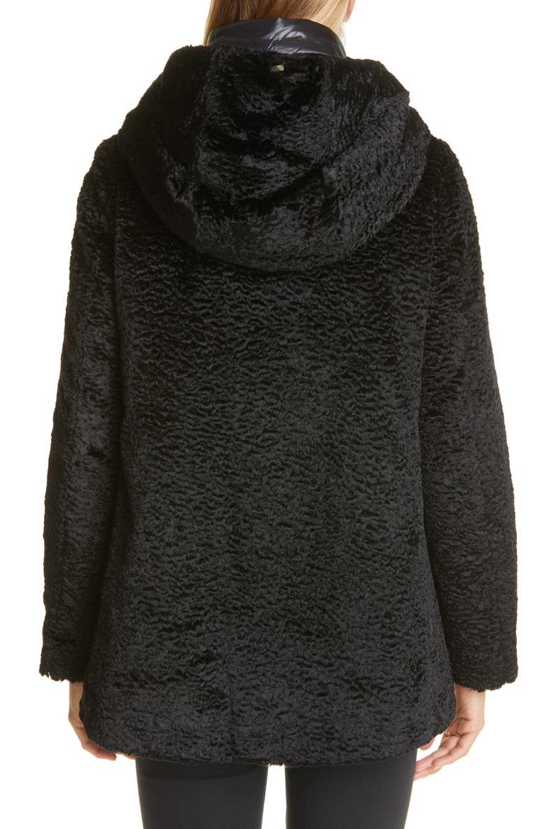 Hannover Hooded Faux Persian Lamb Fur Coat with Removable Down Bib, Alternate, color, BLACK