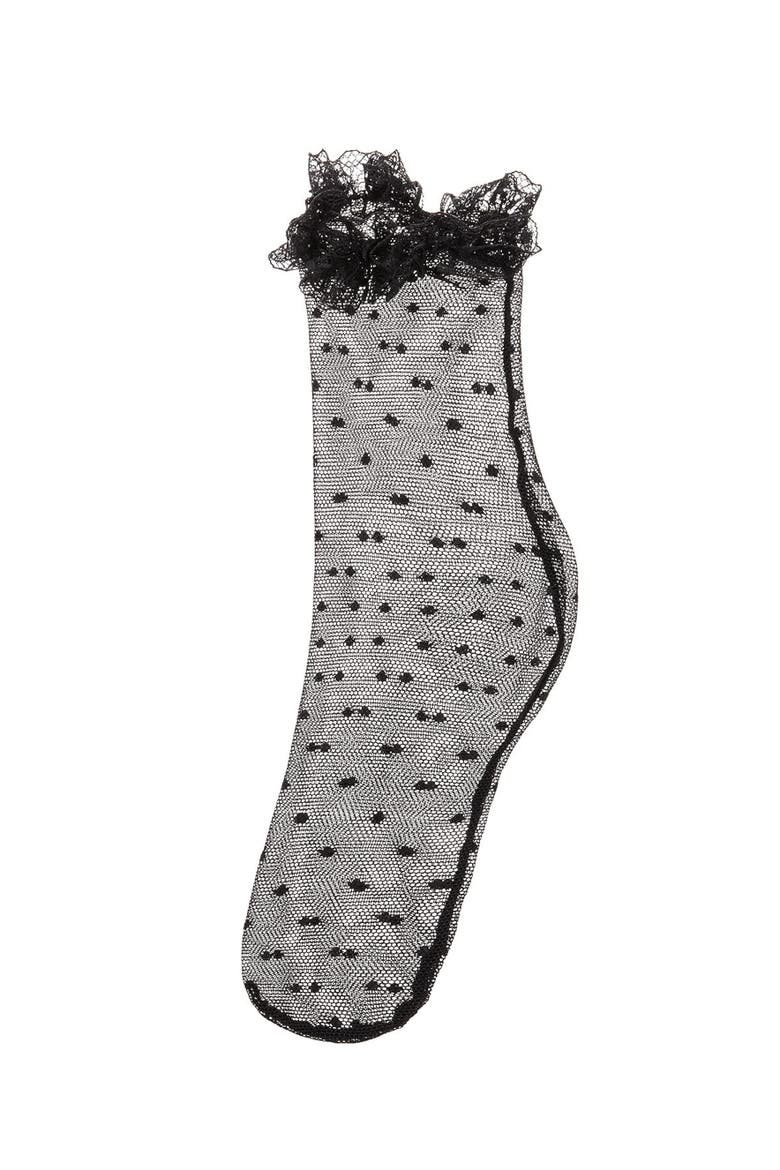 Mesh Dot Pattern Lace Trim Ankle Sock, Alternate, color, Black