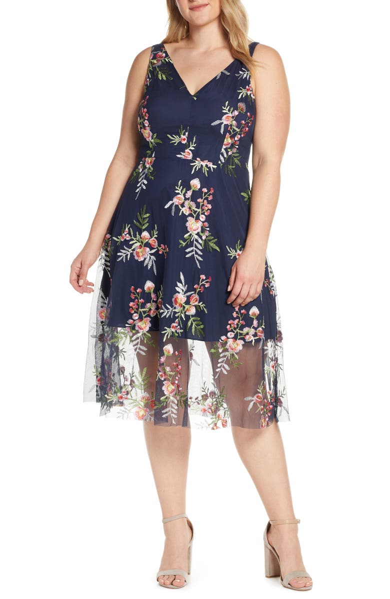 Vince Camuto Floral Embroidered Mesh Midi Dress, Alternate, color,