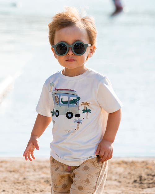 DEUX PAR DEUX DEUX PAR DEUX LITTLE BOY'S SHORT SLEEVE TOP AND FRENCH TERRY SHORT SET BEIGE WITH PALM TREES AND BLU