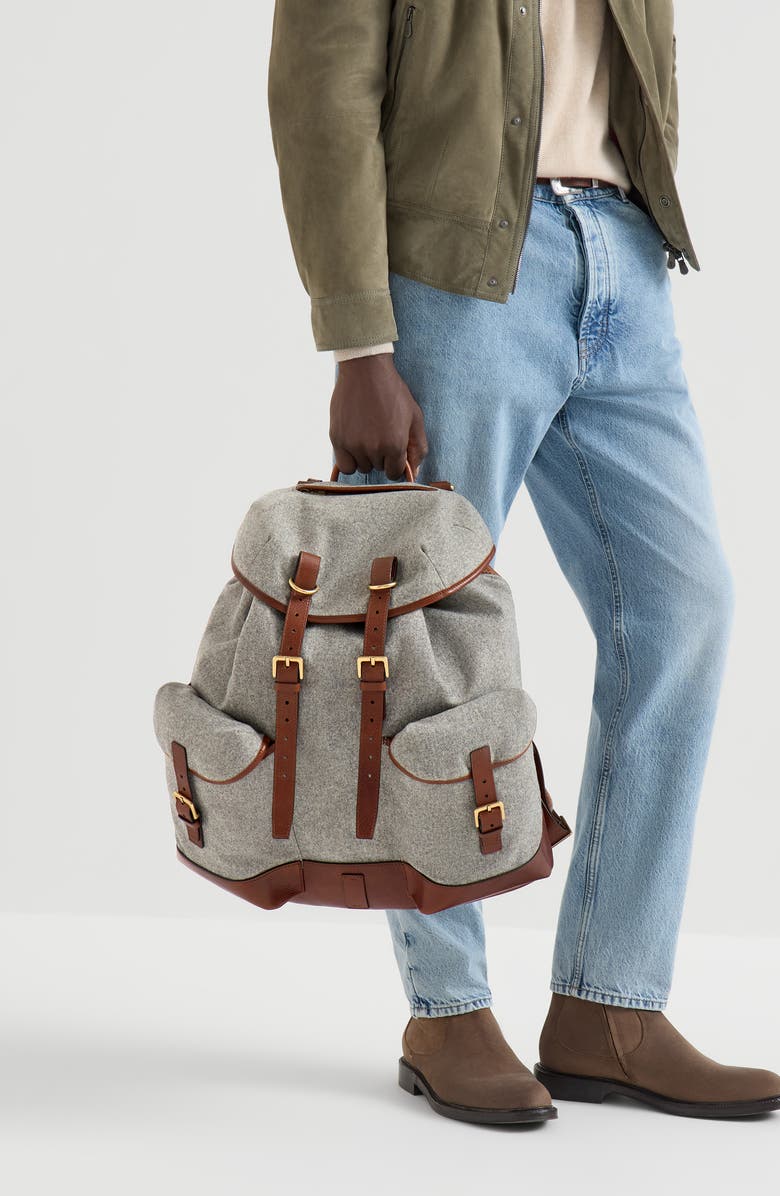 Brunello Cucinelli Virgin wool, alpaca and cashmere flannel field backpack with grained calfskin inserts, Alternate, color, Medium Grey