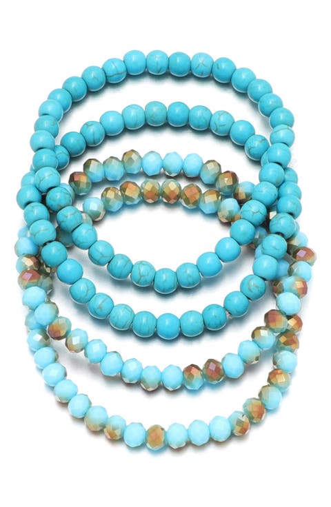 Set of 4 Reconstituted Turquoise & Crystal Beaded Stretch Bracelets