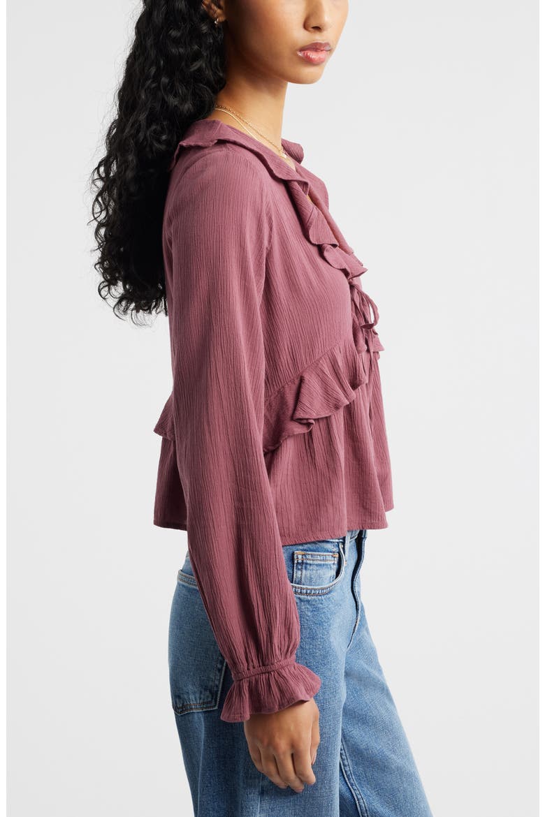 Ruffle Tie Neck Button-Up Shirt, Alternate, color, BURGUNDY SHADE