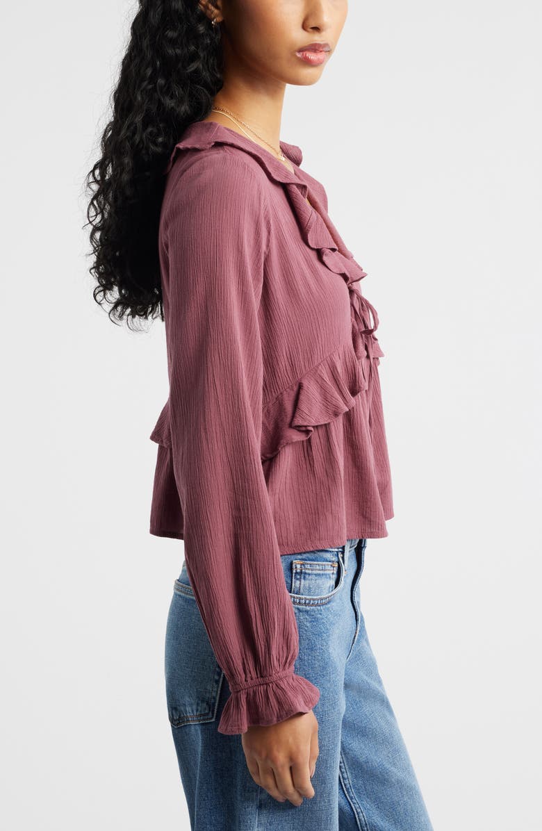BP. Ruffle Tie Neck Button-Up Shirt, Alternate, color, Burgundy Shade