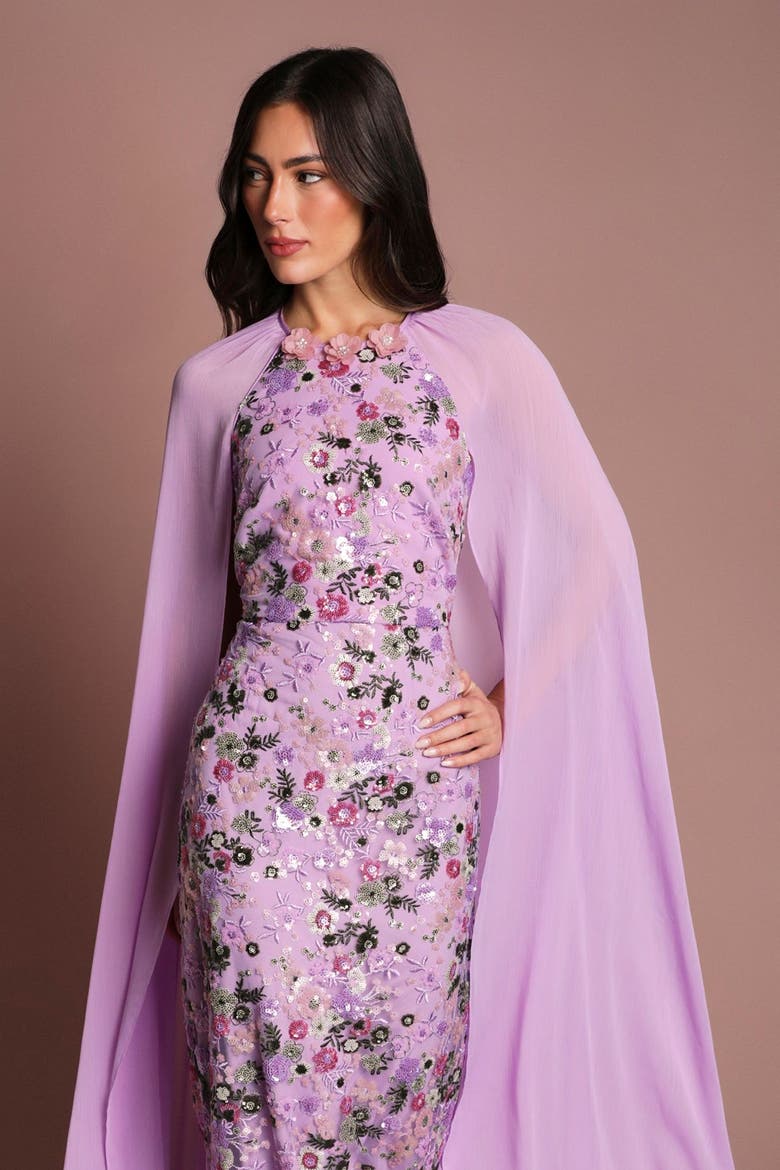 Mesh Floral Embellished Cape Maxi Dress, Alternate, color, Purple