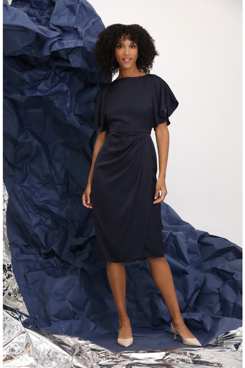 Flutter Sleeve Charmeuse Midi Dress, Alternate, color, TWILIGHT NAVY