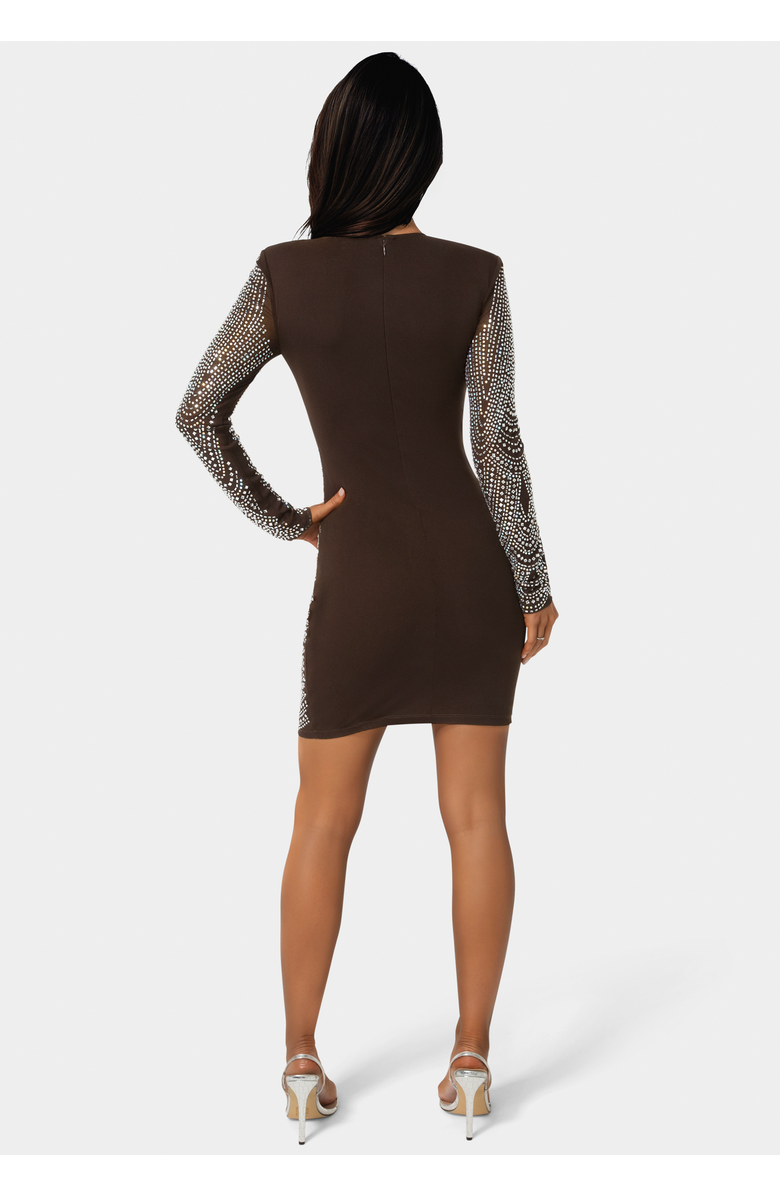 bebe Long Sleeve Embellished Illusion Mesh Mini Dress, Alternate, color, Chocolate