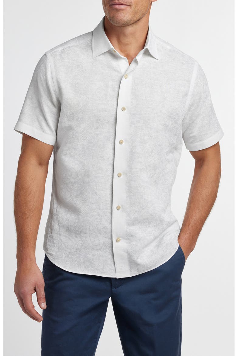 Paisley Print Short Sleeve Linen & Cotton Button-Up Shirt, Main, color, WHITE