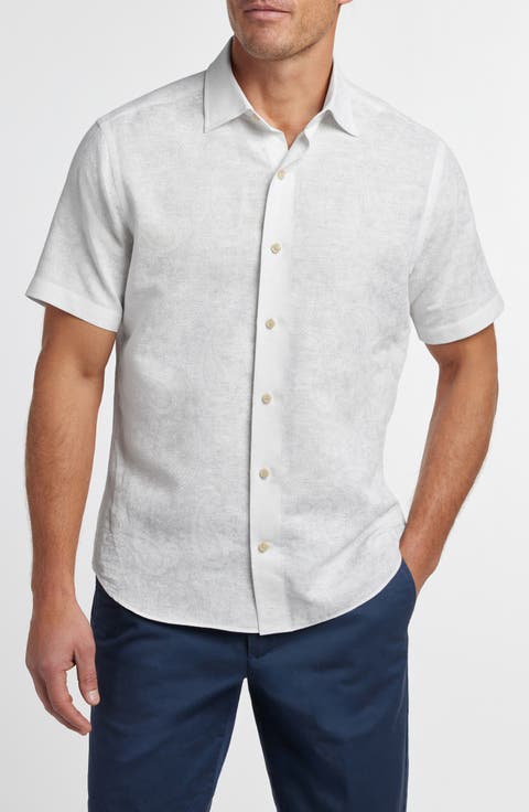 Paisley Print Short Sleeve Linen & Cotton Button-Up Shirt
