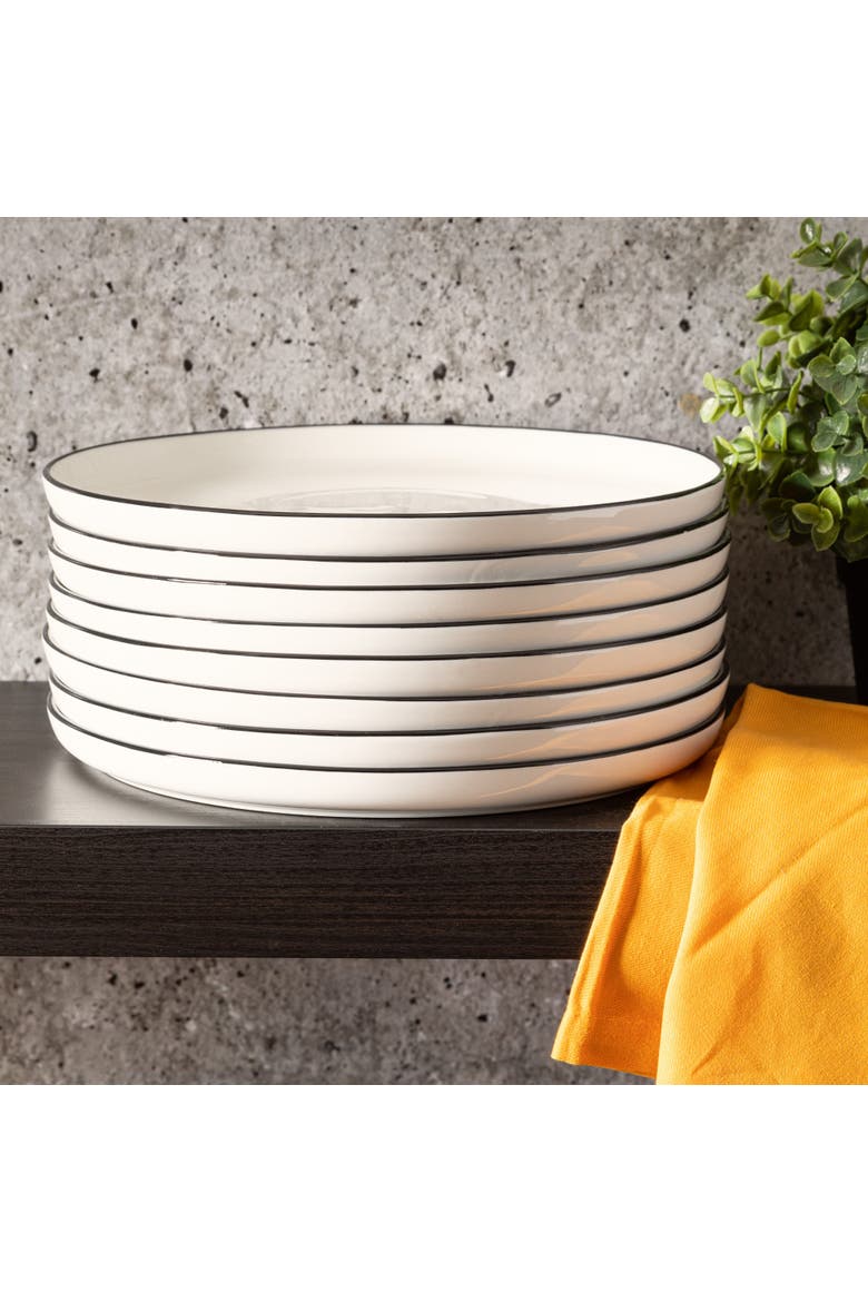 Oslo 8 Piece Porcelain Dinner Plate Set, Alternate, color, White with Black Rim