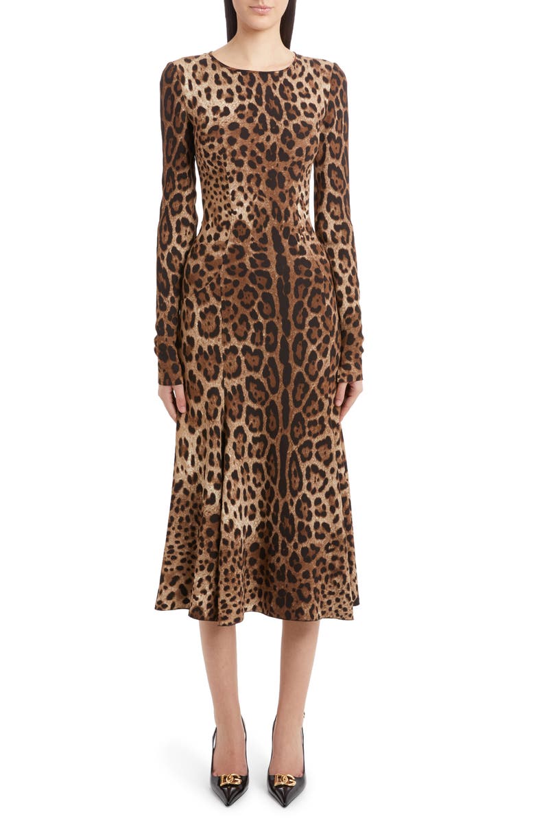 Dolce&Gabbana Leopard Print Long Sleeve Cady Midi Dress, Main, color,