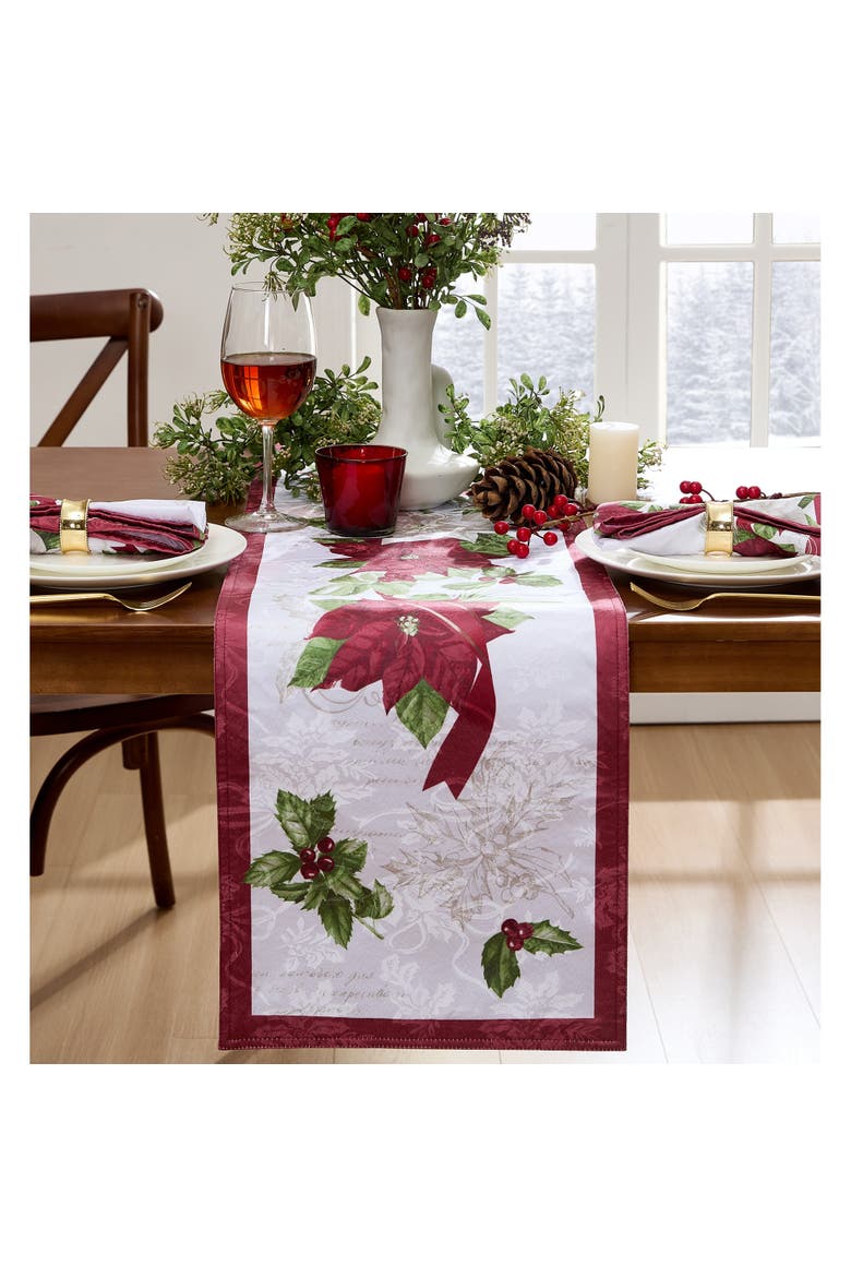 Clarette Poinsettia Holiday Fabric Table Runner Rose - 14"W x 70"L, Main, color, Rose