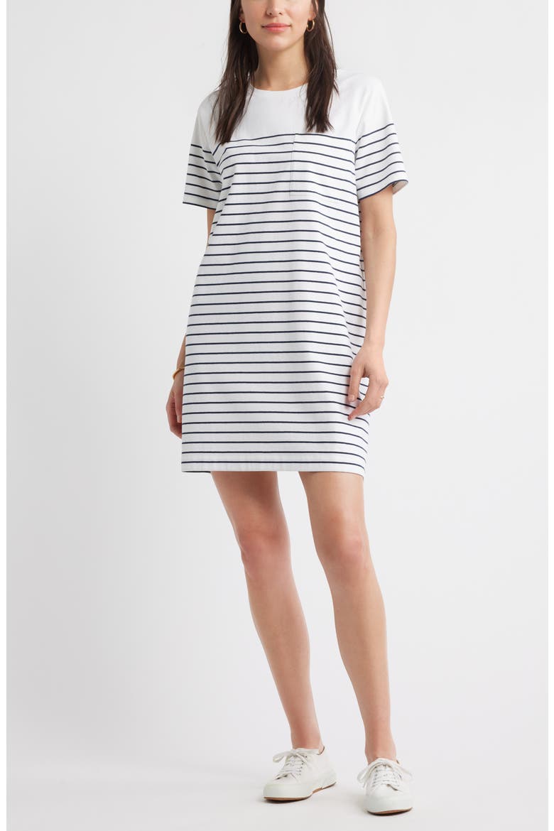 Patch Pocket Stripe T-Shirt Dress, Main, color, WHITE- NAVY BLAZER LUCY
