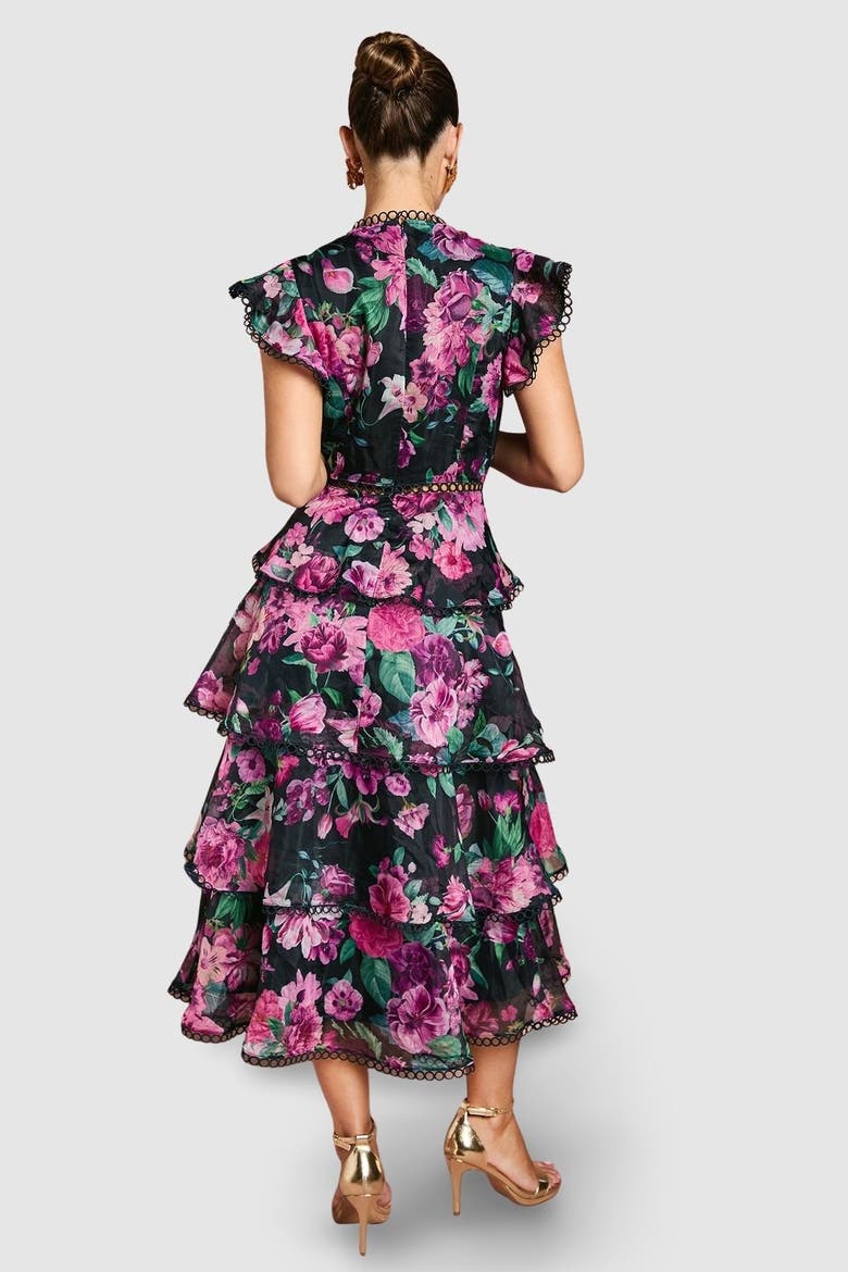 Lace Trim Tiered Organza Midi Dress, Alternate, color, Navy
