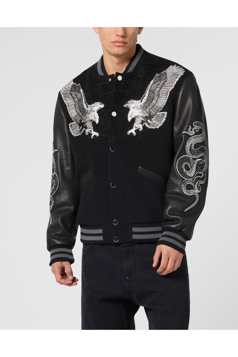 Composed Varsity Bomber Tattoo Strass Men, Main, color, black